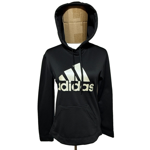 Adidas Hoodie Womens Medium Black White Aeroready Fleece Lined Logo Spellout - Picture 2 of 14